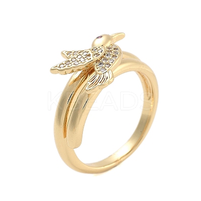 Brass Micro Pave Cubic Zirconia Bird Open Cuff Rings Set for Women RJEW-U002-11G-1