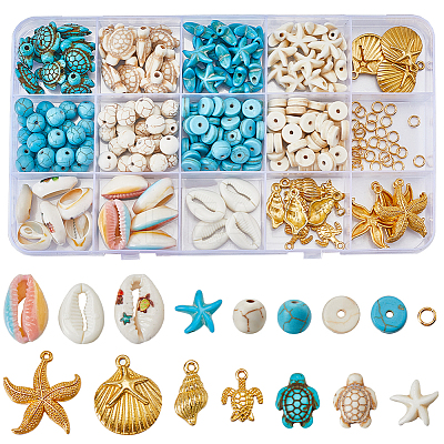DIY Ocean Theme Synthetic Turquoise & Natural Cowrie Shell & Alloy Jewelry Making Findings Beads Kits DIY-SC0027-45-1