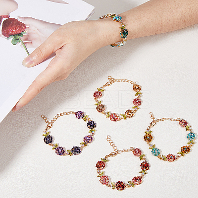 5Pcs 5 Colors Alloy Rose Link Chain Bracelets Set with Rhinestone BJEW-FI0001-63-1