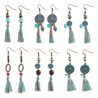 6 Pairs 6 Styles Ethnic Polyester Tassel Dangle Earrings EJEW-FI0003-03-1