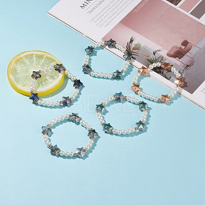 Glass Pearl & Star Beaded Stretch Bracelet for Women BJEW-JB08389-1