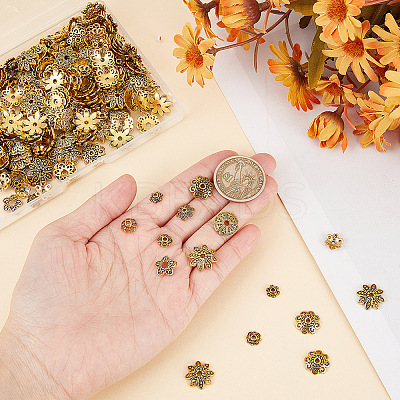 320Pcs 8 Styles Tibetan Style Alloy Bead Caps TIBE-GO0001-02-1