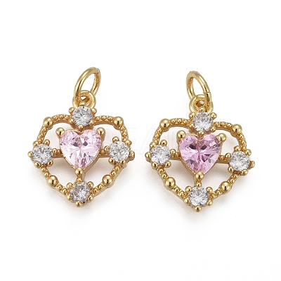 Brass Micro Pave Clear & Pearl Pink Cubic Zirconia Pendants X-KK-F821-25G-1