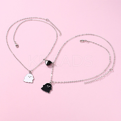 2Pcs Ghost Alloy Black & White Enamel Split Pendant Best Friend Necklaces with Heart Magnetic Clasps FS-WG095C9-01-1