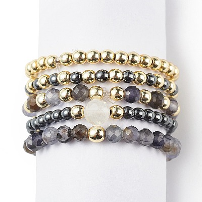 5Pcs 5 Style Natural Rainbow Moonstone & Dichroite & Synthetic Hematite Round Beaded Stretch Finger Rings Set RJEW-JR00527-1