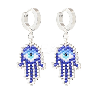 Glass Seed Braided Hamsa Hand with Evil Eye Dangle Hoop Earrings EJEW-MZ00008-1