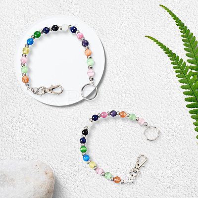 2Pcs Glass Cat Eye Beads Keychain HJEW-SC0002-23-1