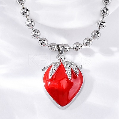 Brass Red Enamel Strawberry Pendant Ball Chain Necklaces NJEW-Z059-02P-1