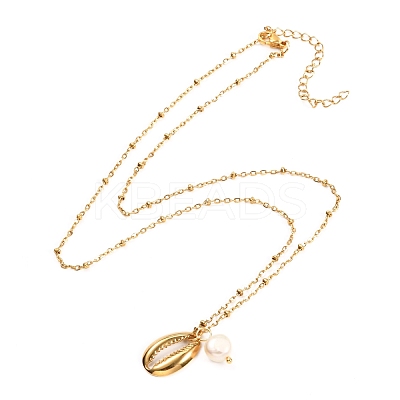 Cowrie Shell & Natural Pearl Pendant Necklace for Teen Girl Women NJEW-JN03717-02-1
