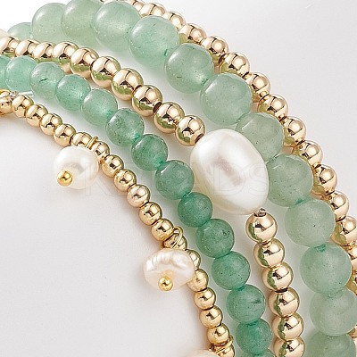5Pcs 5 Style Natural Green Aventurine & Brass Beaded Stretch Bracelets Set BJEW-JB08870-03-1