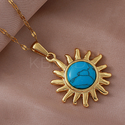 Vintage 304 Stainless Steel Sun Pendant Necklace with Dyed Synthetic Turquoise Stone for Women TN1181-1