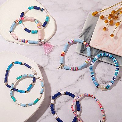 8Pcs 8 Style Polymer Clay Heishi & Natural Pearl & Non-magnetic Synthetic Hematite Beads Stretch Bracelets Set for Girl Women BJEW-SZ0001-81-1