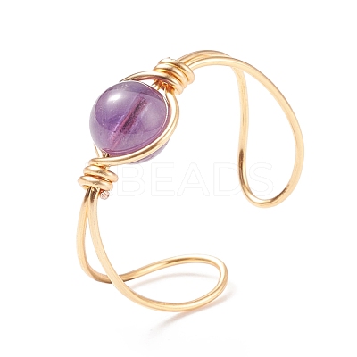 Natural Amethyst Round Beaded Open Cuff Ring RJEW-TA00041-02-1