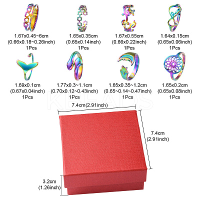 8Pcs 8 Style Heart & Infinity & Whale Tail & Snake 304 & 201 Stainless Steel Cuff Rings Set for Women RJEW-FS0001-04-1