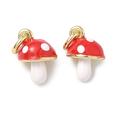 Autumn Brass Enamel Red Mushroom Charms KK-H254-06G-1