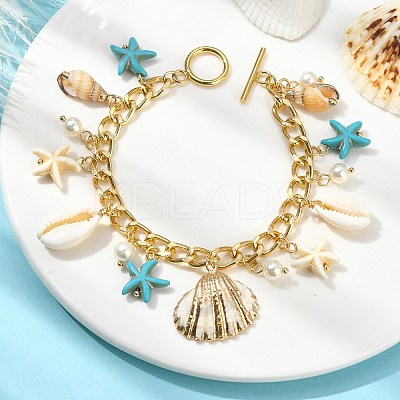 Natural Shell & Shell Pearl & Synthetic Turquoise Starfish Charm Bracelet BJEW-TA00352-1