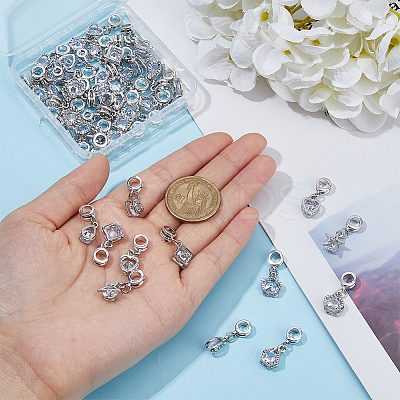 48Pcs 6 Styles Alloy Pave Clear Cubic Zirconia European Dangle Charms PALLOY-FI00002-1