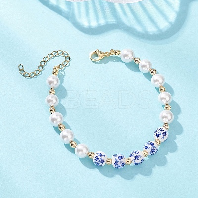 Handmade Flower Printed Porcelain Ceramic Beads & Shell Pearl Round Beaded Bracelets for Women BJEW-JB12709-1