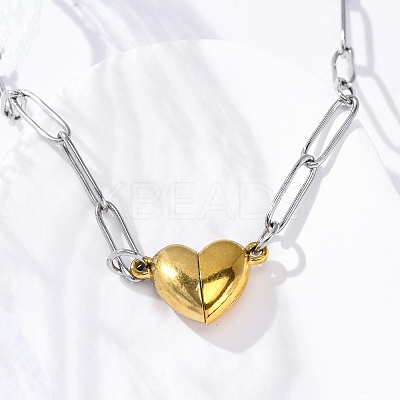 304 Stainless Steel Double-Sided Magnetic Heart Pendant Paperclip Chain Necklaces LS-NJEW-U028-02G-1