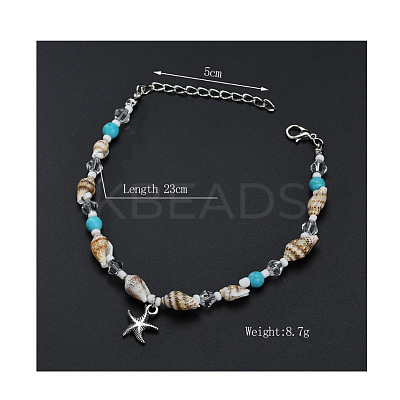 Bohemian Style Natural Shell & Synthetic Turquoise Beaded Anklets Alloy Starfish Charm Anklets for Summer Beach WG85091-01-1