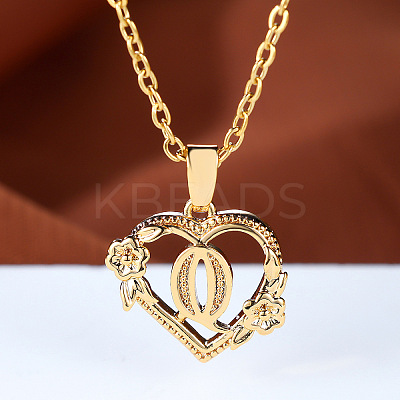 Brass Rose Flower Heart with Letter Pendant Cable Chain Necklaces FS-WG42461-17-1