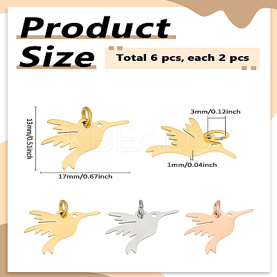 6Pcs 3 Colors 304 Stainless Steel Pendants STAS-LP0004-35-1