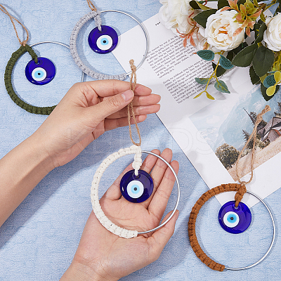 4Pcs 4 Colors Handmade Woven Cotton Thread with Turkish Glass Evil Eye Wall Hanging Ornament HJEW-FH0001-63-1