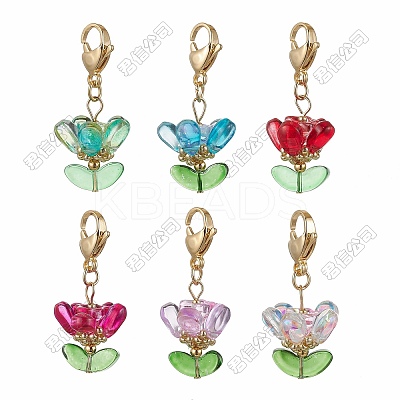 6Pcs Glass Flower Pendant Decorations HJEW-SZ00011-1