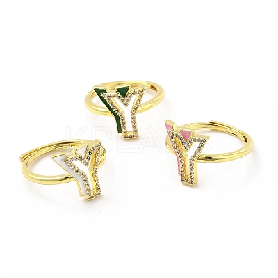 Mixed Color Enamel Initial Letter Adjustable Ring with Clear Cubic Zirconia RJEW-P045-01G-Y-1