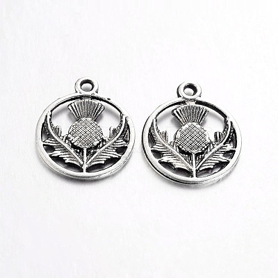Tibetan Style Alloy Flat Round with Flower Scotland Thistle Pendants LS-TIBEP-24054-AS-FF-1