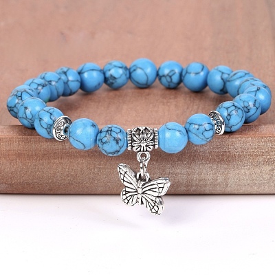 8MM Round Dyed Synthetic Turquoise Beaded Stretch Bracelets with Alloy Butterfly Charms FQ7211-11-1