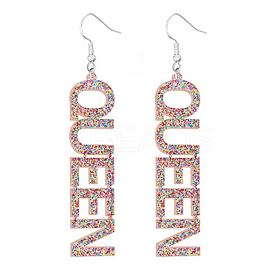 Bling Acrylic Word Queen Dangle Earrings GIPO-PW0001-017O-1