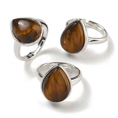 Natural Tiger Eye Teardrop Adjustable Rings RJEW-K371-08S-21-1