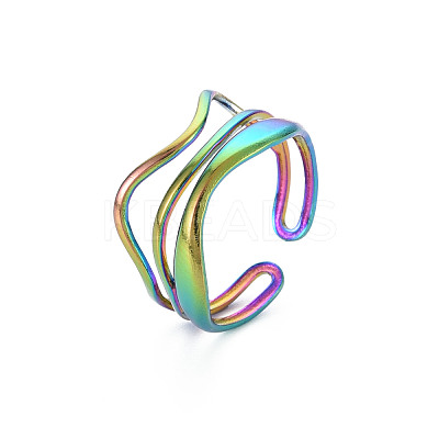 Rainbow Color 304 Stainless Steel Wave Wire Wrap Open Cuff Ring for Women RJEW-N038-047M-1