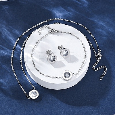 Flat Round 304 Stainless Steel Cubic Zirconia Pendant Necklaces & Bracelets & Stud Earrings Sets for Women SJEW-C004-19P-1