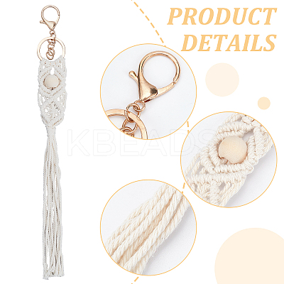 Cotton Knitting Tassel with Wood Beads Keychains KEYC-WH0018-78-1