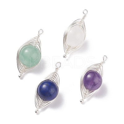 Natural Stone Copper Wire Wrapped Connector Charms PALLOY-JF01377-01-1
