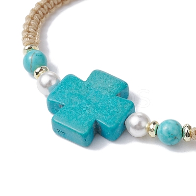 Synthetic Turquoise Cross & Imitation Pearl Braided Bead Bracelet BJEW-JB09743-1