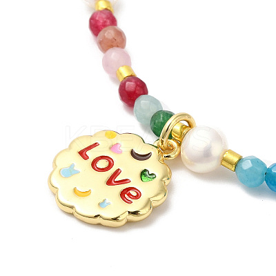 Brass Enamel Flower with Word Lucky Pendant Necklace NJEW-G099-06G-1