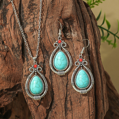 Bohemian Ethnic Style Zinc Alloy & Synthetic Turquoise Pendant Necklaces & Dangle Earrings Sets WG7E01E-06-1
