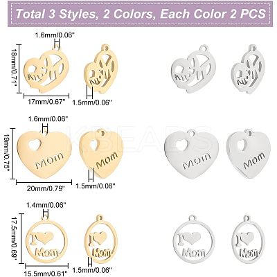 12Pcs 6 Style 304 Stainless Steel Pendants STAS-UN0039-83-1