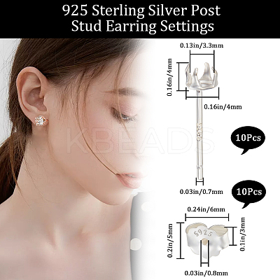 5 Pairs 925 Sterling Silver Stud Earring Settings STER-BBC0005-42S-1
