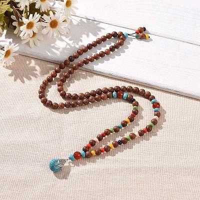 Wood & Natural Carnelian & Synthetic Turquoise Beaded Necklaces NJEW-JN04136-1