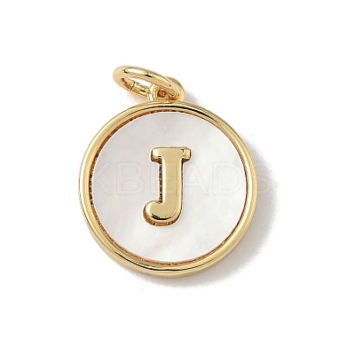 Brass Pave Natural Shell Flat Round with Letter Charms KK-Z115-13G-J-1