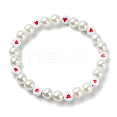 Heart & Imitated Pearl Acrylic Beaded Stretch Bracelets BJEW-JB10025-1