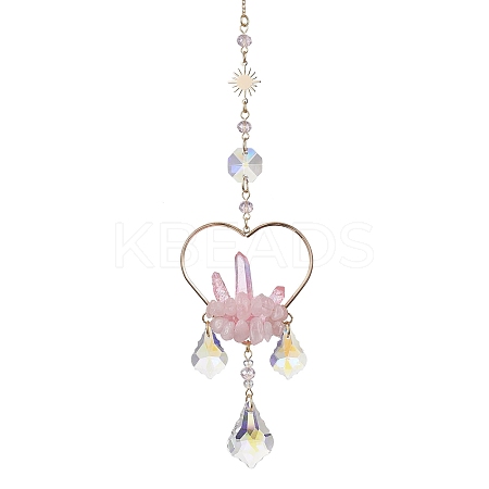 Natural Rose Quartz Wrapped Heart Hanging Ornaments HJEW-JM01614-02-1