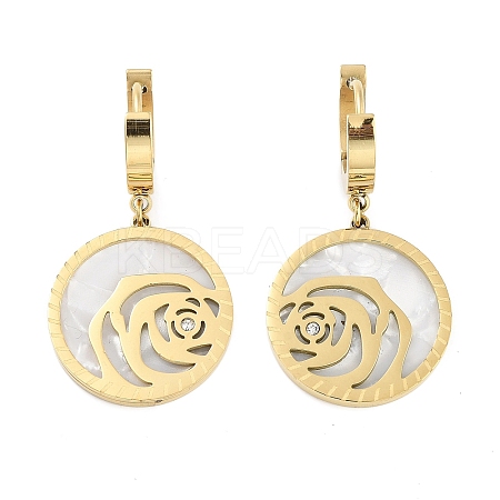 Left and Right Flat Round with Rose 304 Stainless Steel Shell Dangle Earrings EJEW-L283-070G-1