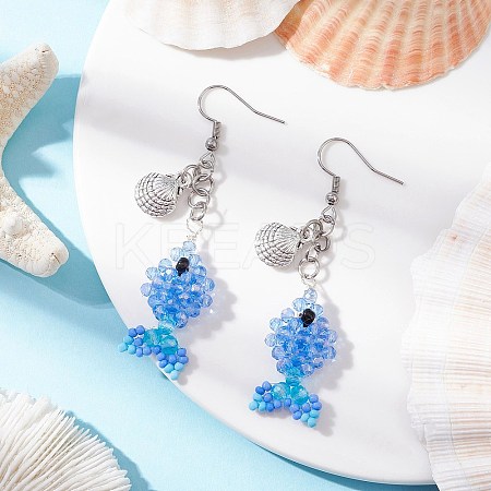 Fish with Shell Shape 304 Stainless Steel Glass Beads Dangle Earrings EJEW-MZ00436-04-1