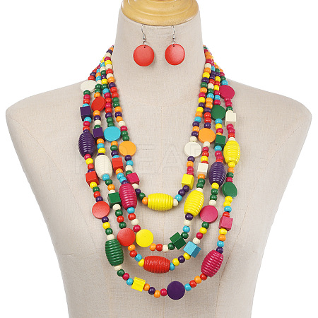 Bohemian Style Wood Barrel & Cube & Flat Round Beaded Multilayer Necklaces & Dangle Earrings Sets FS-WG5D833-01-1