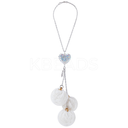 Plush Cloth Fabric Round & Polymer Clay Rhinestone Heart Pendant Hanging Ornament HJEW-DR00080-1
